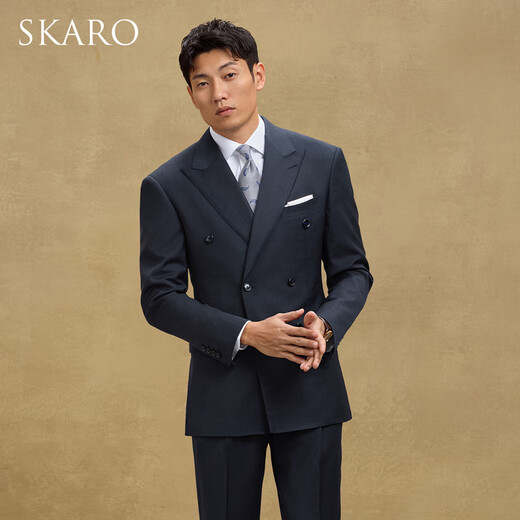 SKARO Handmade Milan Eye & Anti-Wrinkle Double Breasted Suit Men's Business Wedding Suit 2025 Silver Stripe SKG1651A Size 48 Top Please note the size of the trousers