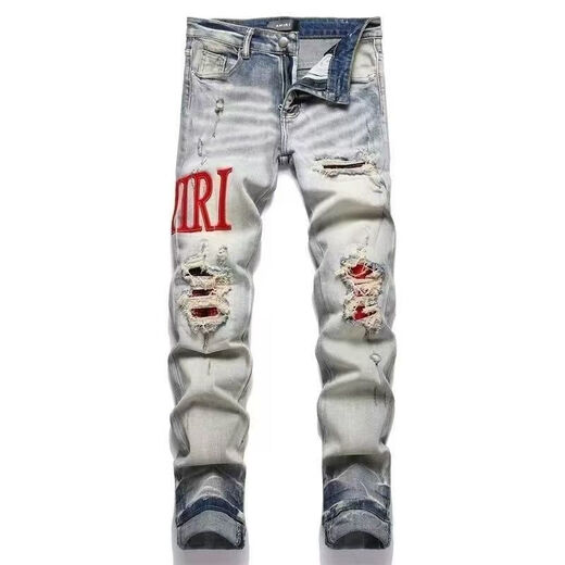 Fadenjue Emil Slim Fit Men's Jeans Lettre de broderie déchirée Patch Patch Slim Fit [de haute qualité] M724 M 95-105Jin [Jin est égal à 0,5 kg]