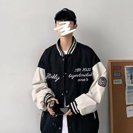 Yibo Baseball Uniform Men's Autumn and Winter Plus Velvet American High Street Letter Embroidery Color Matching Simple Casual Loose Top Jacket Black XL Recommended 125-140 Jin Jin equals 0.5 kg