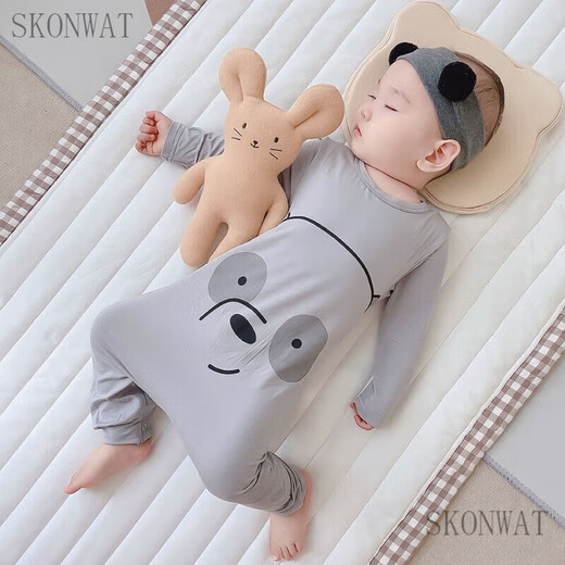 SKONWAT children's one-piece pajamas spring and autumn modal baby one-piece long-sleeved baby sleeping bag split-leg home clothes gray chinchilla long-sleeved style 90