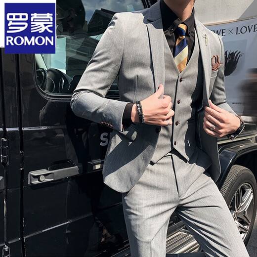 ROMON suit men's three-piece Korean style slim-fitting business professional interview formal striped suit groom's wedding dress dark gray one-piece suit M