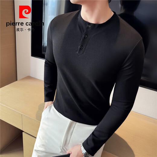 Pierre Cardin Henley collar long-sleeved T-shirt men's spring and autumn thickened slim tight bottoming shirt American retro Henley shirt with trendy black XL