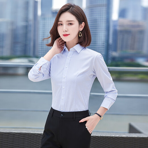 Troman anti-wrinkle no-iron blue striped shirt women's long-sleeved professional commuting business formal shirt
