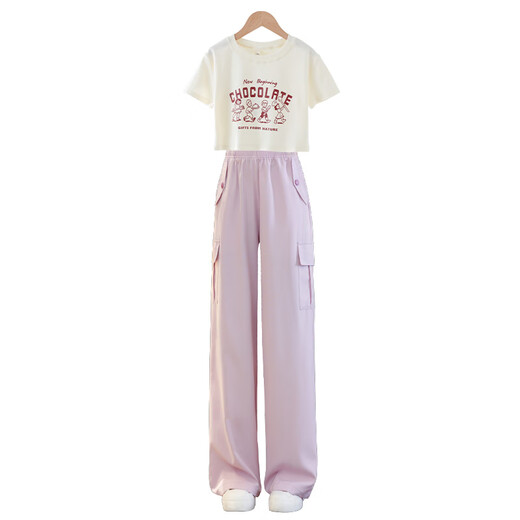 OVE Girls Summer Set 2025 Новый модный детский интернет-знаменитость Лето-стиль младший школьник для учеников средней школы Лето с короткими рукавами 15088 Pink Purple + 9889 White 160 160 см.