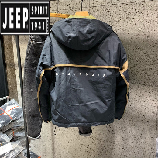 Jeep (JEEP) new winter style Hong Kong trendy brand diagonal zipper hooded cotton jacket for men, loose and versatile, contrasting color thickening jacket, navy blue 2XL recommended 140-160Jin Jin equals 0.5kg