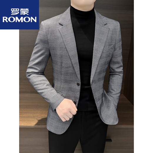 罗蒙（ROMON）休闲小西装外套男士春秋季2025新款上衣痞帅感千鸟格西服男款新品 卡其色 M 建议115斤以内