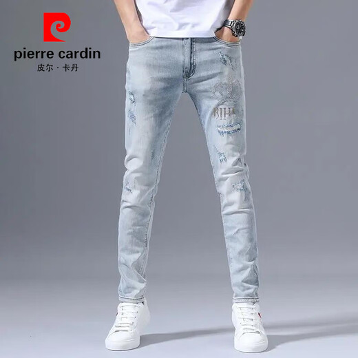 Pierre Cardin Spring und Herbst Stretch Jeans Herren zerrissene gestickte 2025 trendige schlanke Füße hellfarbene vielseitige lange Hose hellblau 3890 Krone gerissen Hosen 34 [Vorgeschlagen 155-165jin [Jin gleich 0,5 kg]]