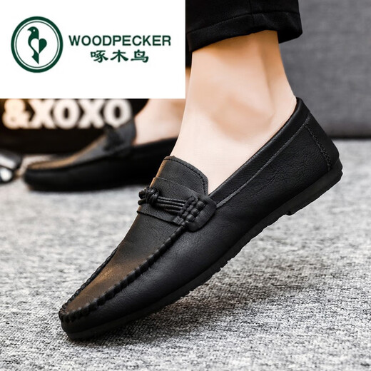啄木鸟豆豆鞋男2024年夏季男鞋潮透气英伦一脚蹬男士休闲皮鞋男真皮 D826棕色 40
