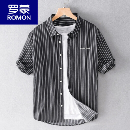 ROMON men's striped shirt short-sleeved loose summer thin Japanese casual all-match cotton shirt summer clothes 9740 white M 100Jin Jin is equal to about 0.5 kg