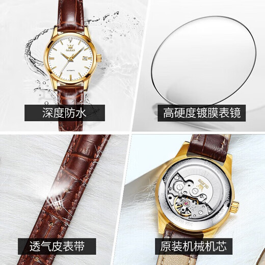 Olevs Brand Watches Women's Mechanical Watch Temperamento simple Watch Women's Women's Luminoso Hollow Hollow Diamond Diamond Set Watch Women's 6629 mejorado Versión mejorada de cuero marrón