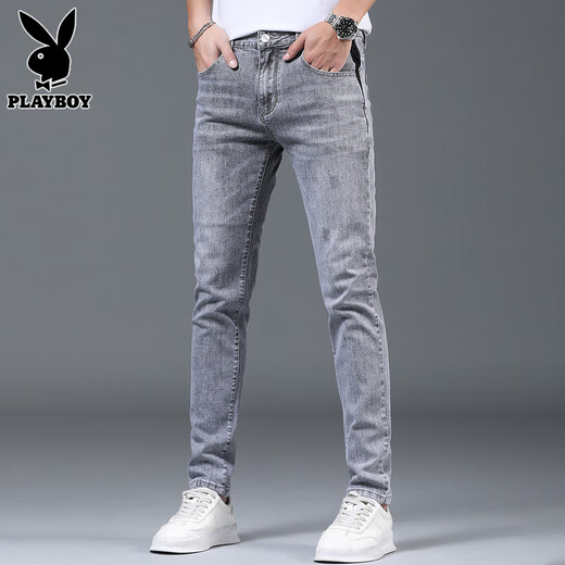 Playboy Jeans pantalon tendance masculine printemps slim pieds 2025 Nouveau pantalon extensible pantalon masculin 1048 Gray 28 [90-105jin [Jin est égal à 0,5 kg]]]
