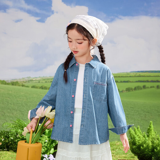 Inman girls denim shirt logo embroidery spring fashionable casual jacket for middle-aged and older children denim blue 160