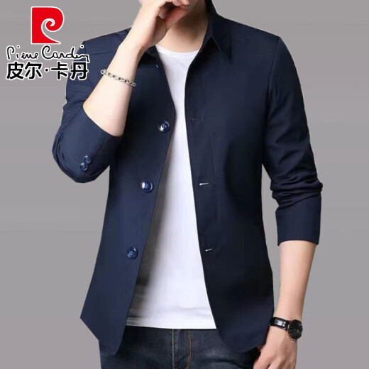 皮尔卡丹（pierre cardin）春秋季男士夹克西装中青年纯色翻领薄款韩版修身风衣外套 深蓝  NJ1048 XL 【建议130-145斤】