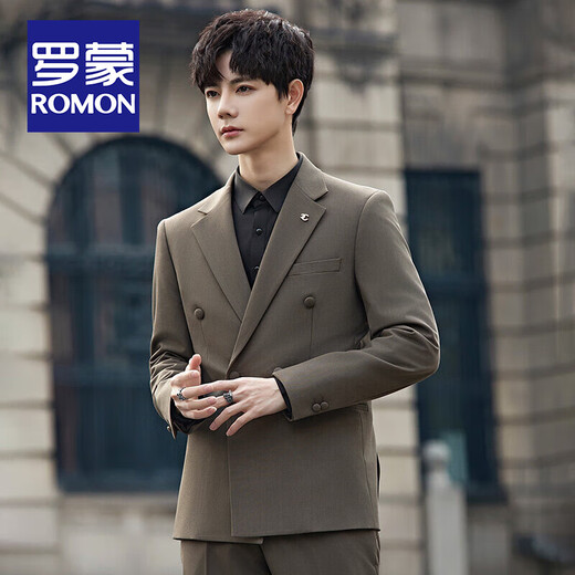 ROMON Groom's Suit Men's Suit Wedding Dress British Double-breasted Suit Korean Style Slim Business Casual Formal Wear Fashion Brown Suit+Trousers XL