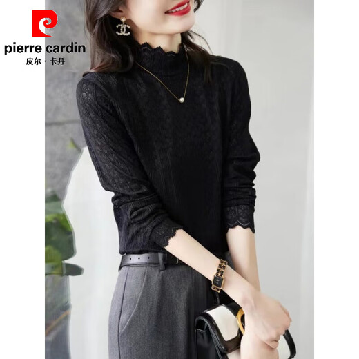 Pierre Cardin Lace Top Women's Slim Fit Half-Turtle Collar Long-Sleeved Hollow Inner Western-style Bottoming Shirt 2025 Spring and Autumn New Niche Black Lined 3XL