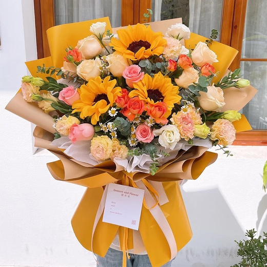 Eswina Flower Express Sunflower and Rose Mixed and Matched Bouquets Birthday Gifts Delivered Nationwide in the City Sunflower and Champagne Mixed and Matched Bouquets Recommended by the Store Manager