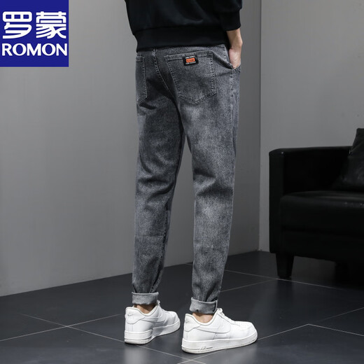罗蒙牛仔裤男夏季薄款弹力百搭青年修身小脚休闲韩版春秋新塘长裤 蓝灰844 28