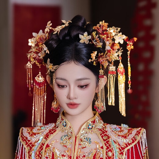 Shilian Bridal Headdress Gold Red Flower Handmade Dragonfly Phoenix Tassel Hairpin Chinese Ancient Costume Xiuhe Wedding Hair Accessory Headwear Set G0168
