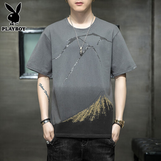Playboy (PLAYBOY) short-sleeved t-shirt men's pure cotton clothes 2025 summer new fashion brand casual loose printed t-shirt men's 829 black XL 121-140Jin Jin equals 0.5 kg