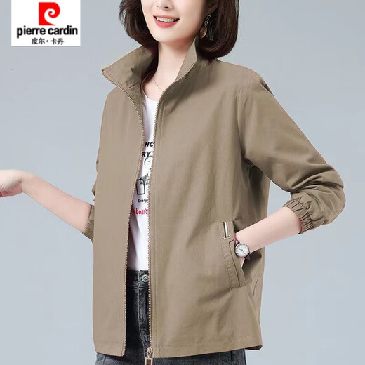 Pierre Cardin (Pierre Cardin) February and August double-layered lined women's spring and autumn new stand-up collar large size slim temperament windbreaker short coat khaki color high quality XL recommended 115-130Jin Jin equals 0.5 kg