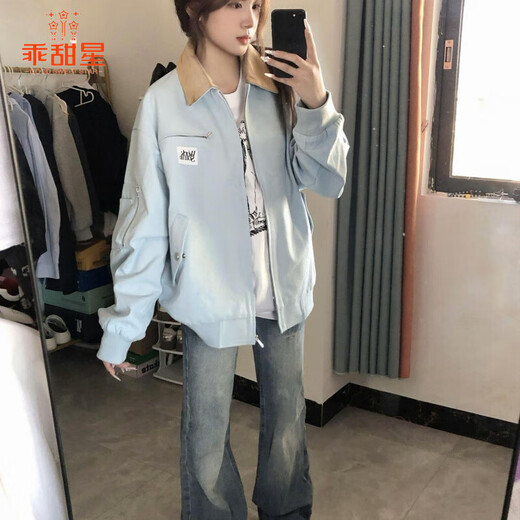 乖甜星蓝色复古外套女2025春季新款潮牌撞色翻领宽松情侣夹克棒球服上衣 蓝色 L 【建议110-125斤】