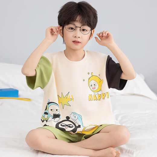 Little Milk Dragon Children's Pajamas Summer Boys' Pure Cotton Short-Sleeved Shorts Boys Teenagers Cartoon Home Clothes Set T692#Eggboy Pure Cotton Set XL Code (recommended height 160-175)