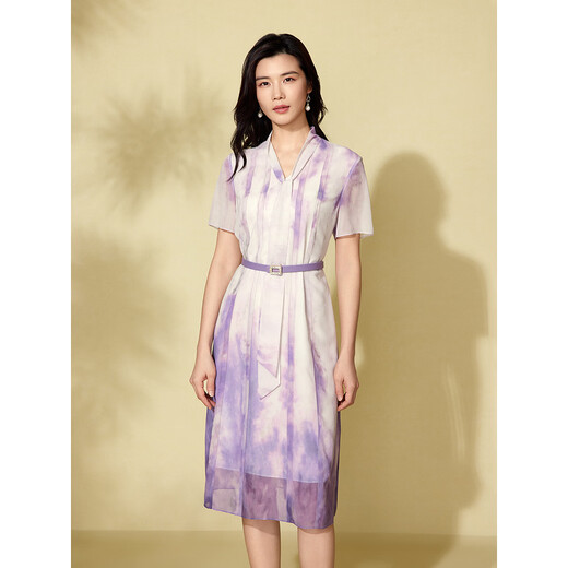 粉蓝衣橱【紫霞绮梦】2025夏装东方感飘带印花短袖连衣裙女552L689 云雾紫 S