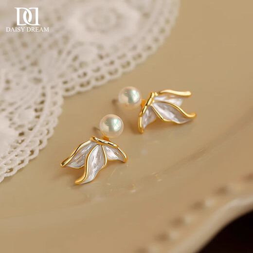 DAISY DREAM925 Silver Needle Freshwater Pearl Fishtail Earrings Women's Light Luxury High-End Unique Earrings 2025 New Popular Earrings White Freshwater Pearl Fishtail Earrings