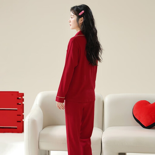 LangSha Wedding Pajamas Couple Outfits One Man and One Woman Pure Cotton Red Spring and Autumn Cotton Festive High-Level Home Clothing Set 3307 Love Launch M Female + 2XL Male
