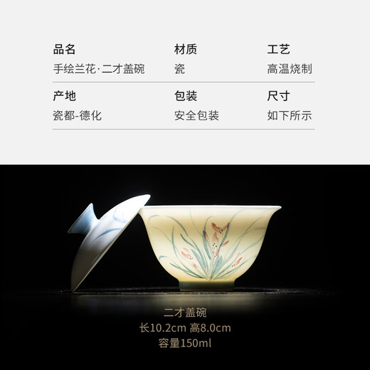Su's Ceramics Hand-painted Mutton Fat Jade Porcelain Orchid Ercai Tea Bowl Works by Intangible Cultural Heritage Teacher Su Aizhen