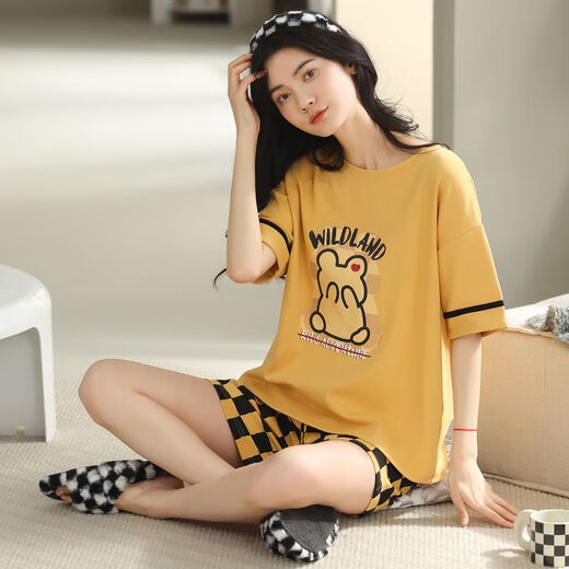 Fat Donglai 2025 new pajamas for women summer pure cotton short-sleeved two-piece summer striped home clothes YZT9854 L women's recommended 100120Jin Jin equals 0.5 kg
