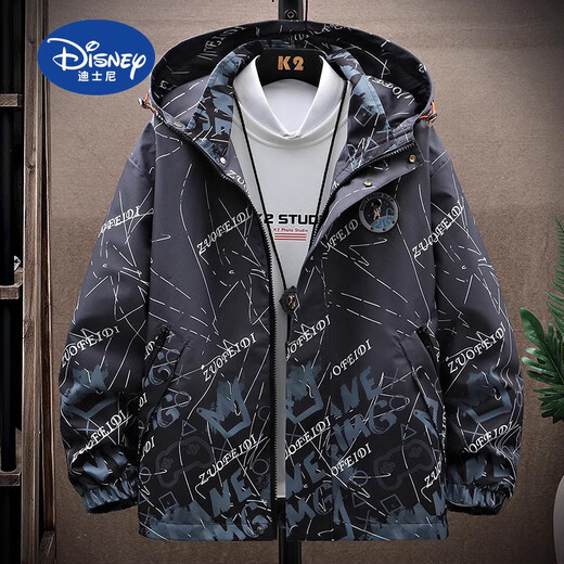 Disney (Disney) Spring and Autumn Clothing Boys' Gradient Jacket Medium and Big Children's Jacket Thin Spring and Autumn Children's Clothing Student Casual Charge Outer Gray Black 160 cm