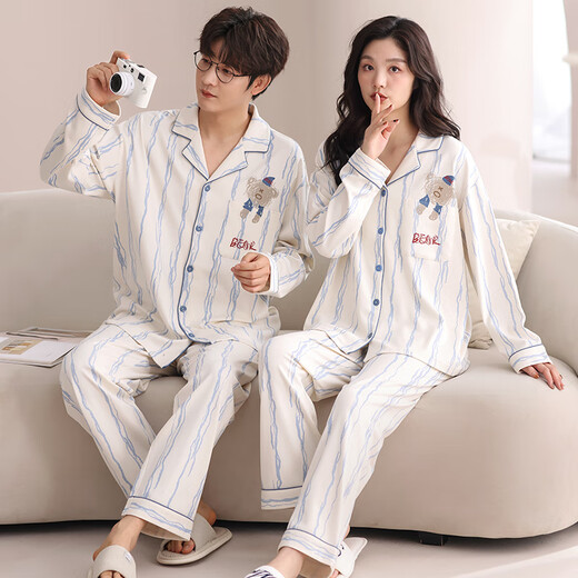 俊俊穗迪美（JUNJUNSUIDIMEI）2套价 情侣睡衣女长袖春秋季薄款纯棉卡通女士男士开衫家居服套装 长-GEY-757 M 女+男XL