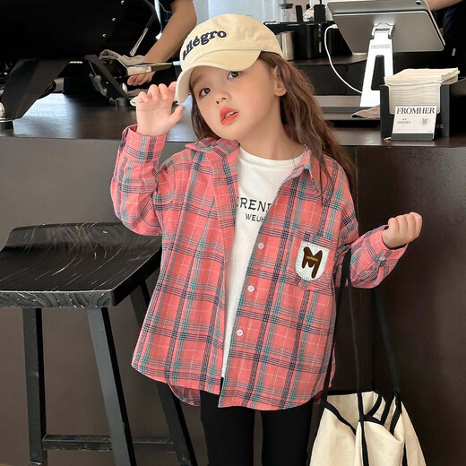Tutu Elephant Girls' Shirt 2026 Spring New Baby Retro Plaid Shirt Children's Brushed Jacket Pink 140
