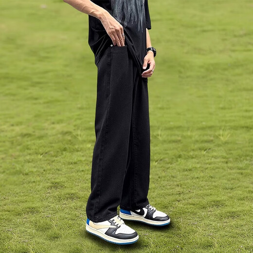 Woodpecker Jeans Men's Autumn and Winter 2025 Trendy Versatile Straight Leg Wide Leg Pants Men's Loose Stretch Teen Pants Men's Black Velvet XL Recommended 130-150Jin Jin equals 0.5 kg