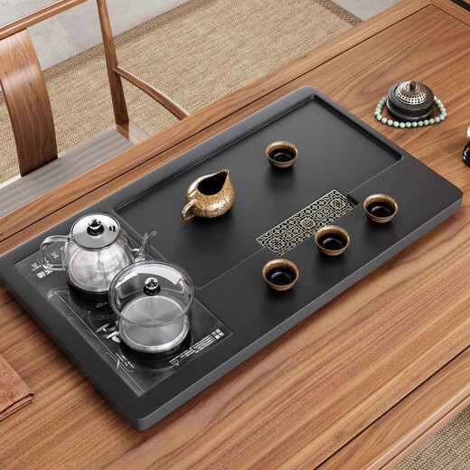 Synthetic black gold stone tea tray, household tea table, kettle, one-piece office fully automatic set, one-piece stone tea tray, 80*45 length + bottom water glass furnace (one piece)