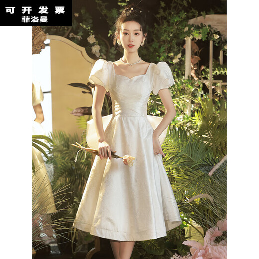 FEILUOMAN dress women's banquet evening dress for fat little people to receive certificates and light engagement white dress French dress can be worn at ordinary times white mid-length XS