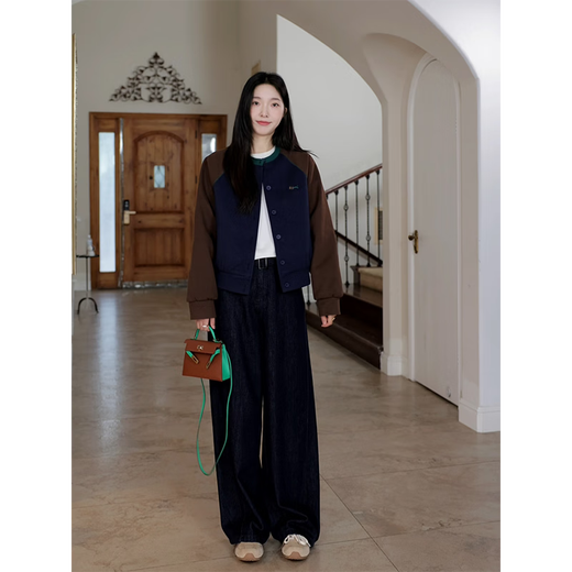 Guo Jiujiu Retro Contrast Color Embroidered Raglan Sleeves Cotton Jacket Woolen Jacket Scimitar Jeans G924T17152 Suit (Coat + Jeans) S One Size