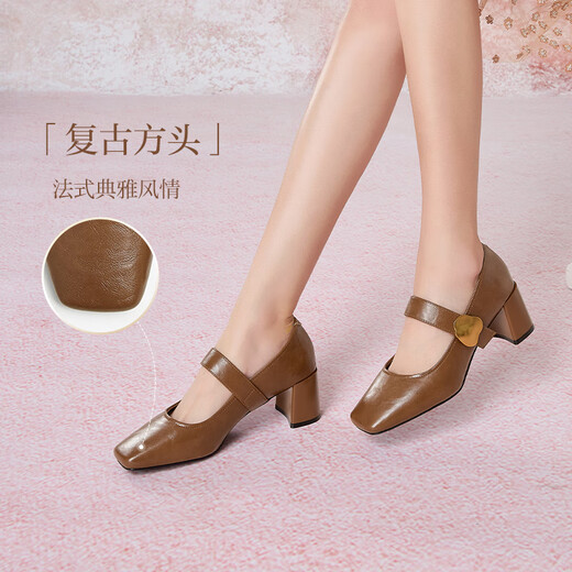 百思图25春复古玛丽珍鞋粗跟方头女单鞋M1509AQ5 棕色 37