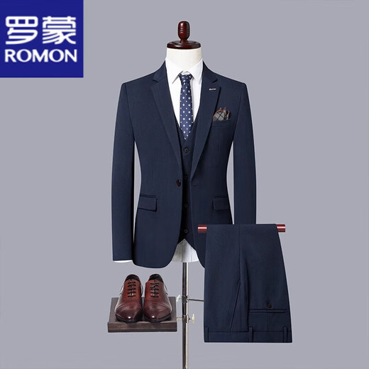 ROMON suit men's 2025 formal British business casual professional suit groom wedding dress slim Korean version Navy blue (suit + vest + trousers) XL