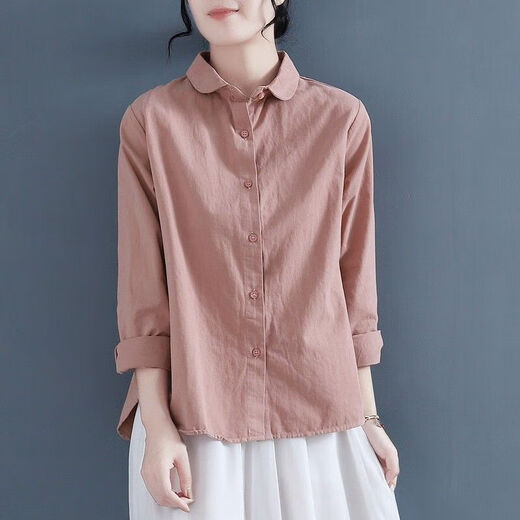 Doll collar pure cotton shirt for women in spring and autumn loose and versatile layered shirt college retro top J829 light green S (85-100Jin [Jin equals 0.5 kg])