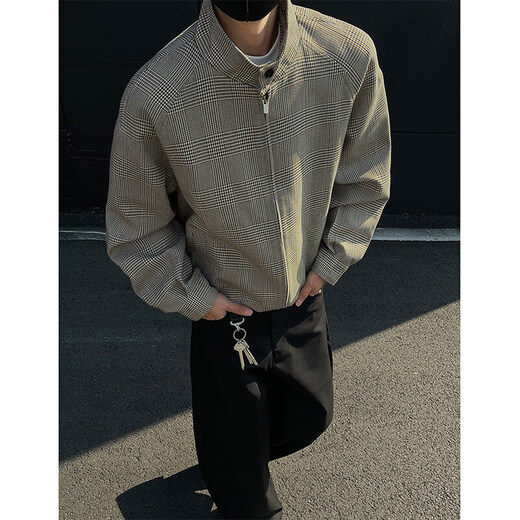 NYING American Houndstooth Stand Collar Jacket Men's Spring and Autumn New High Street Fashion Brand Casual Short Jacket Loose and Versatile Old Money Brown XL (125-145Jin Jin equals 0.5kg)