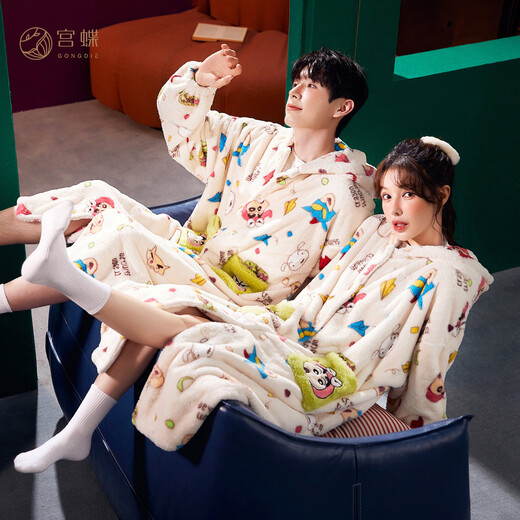 Gongdie Coral Velvet Couple Pajamas Women's Autumn and Winter Warm Crayon Shin-chan Joint Men's Pajamas Home Clothes XYT-LBXX23766 Female (Apricot Plush) M (Recommended 80-140 Jin Jin equals 0.5 kg)
