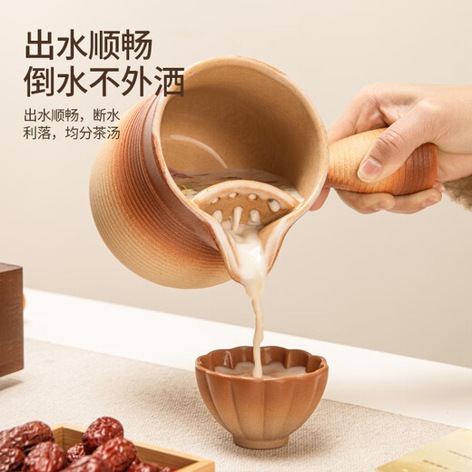 Xiangye's large dry-burning pot pot with lid and stove-cooking teapot can be used for roasting tea and making milk tea over an open fire. Ceramic set. Rough pottery heart-shaped striped side-handled pot.