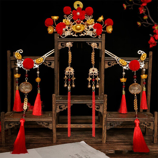 Mengjunchen Guochen Guochao antique style red festive ingot hair accessories ancient Hanfu small God of Wealth makeup hair crown long tassel headdress set Jinrui small set of money-making hairpins 1 pair