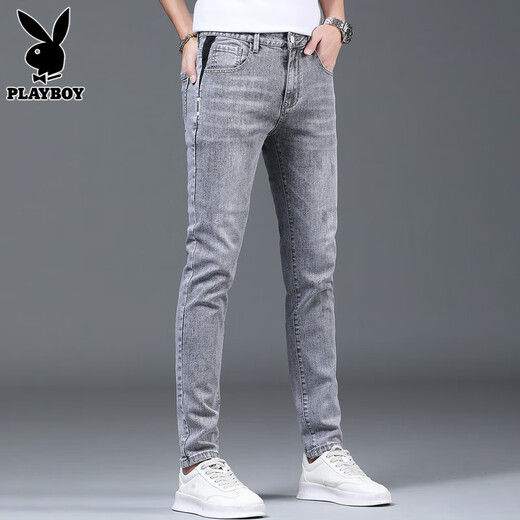 Playboy Jeans pantalon tendance masculine printemps slim pieds 2025 Nouveau pantalon extensible pantalon masculin 1048 Gray 28 [90-105jin [Jin est égal à 0,5 kg]]]