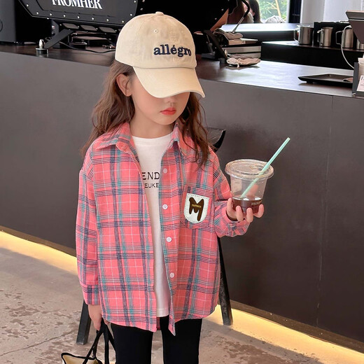 Tutu Elephant Girls' Shirt 2026 Spring New Baby Retro Plaid Shirt Children's Brushed Jacket Pink 140
