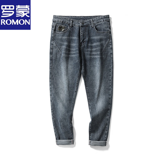 罗蒙牛仔裤男夏季薄款弹力百搭青年修身小脚休闲韩版春秋新塘长裤 蓝灰844 28
