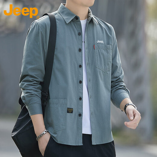 吉普（JEEP）长袖衬衫男春秋季工装外套男士潮流宽松衬衣服男装上衣 灰绿 XL 