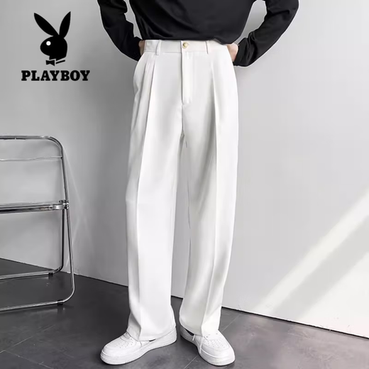 Playboy (PLAYBOY) white trousers for men in spring and autumn, handsome, loose, high street, wide-legged, drapey, casual straight suit trousers, white style 34